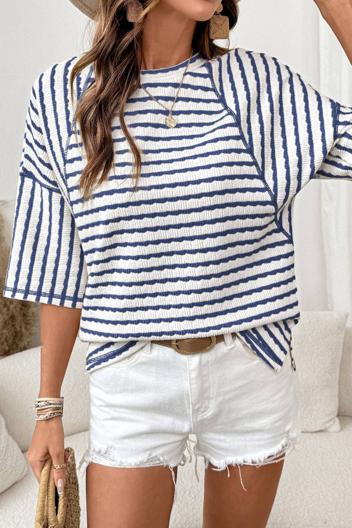 Texture Stripe Knit Half Sleeve Top | S-XL Plus