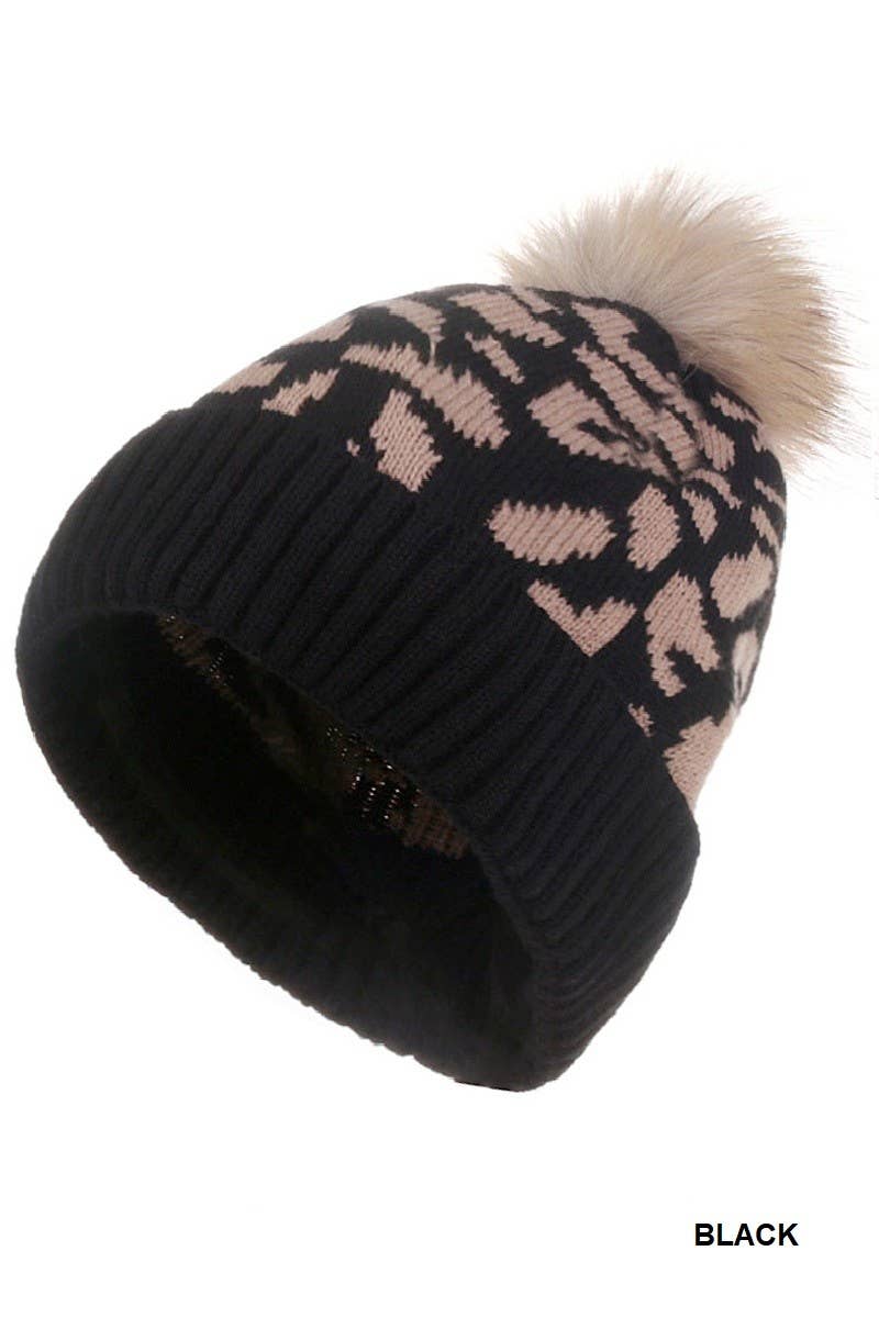 Leopard Pattern Knit Pom Pom Beanie: 1(ONE SIZE)