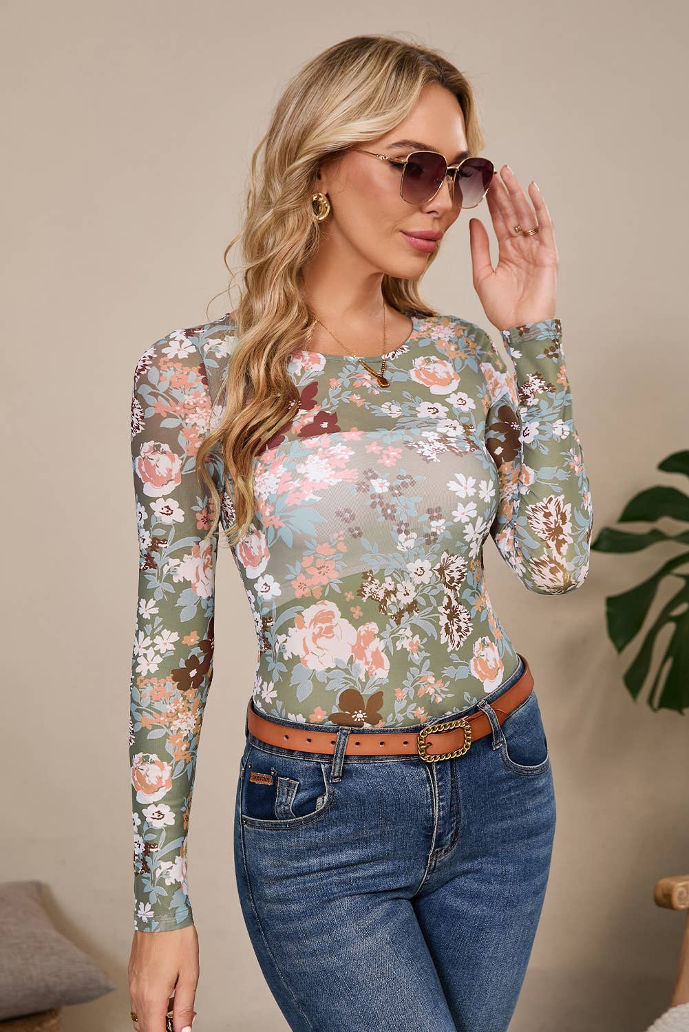 Chic Floral Print Mesh Long Sleeve Top