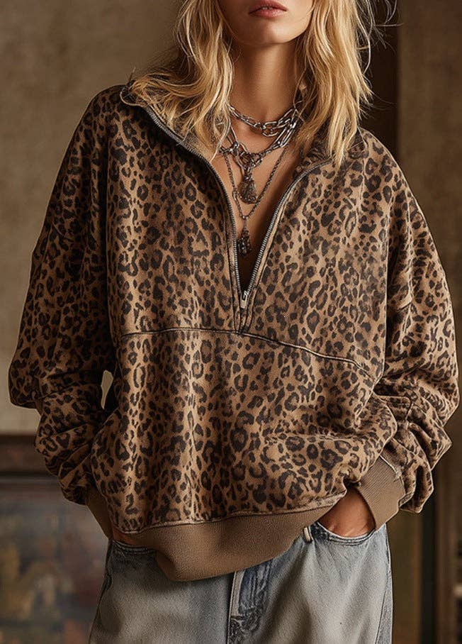 Leopard Print Half Zip Oversized Pullover Sweatshirt: Coffee / 95%Polyester 5%Elastane
