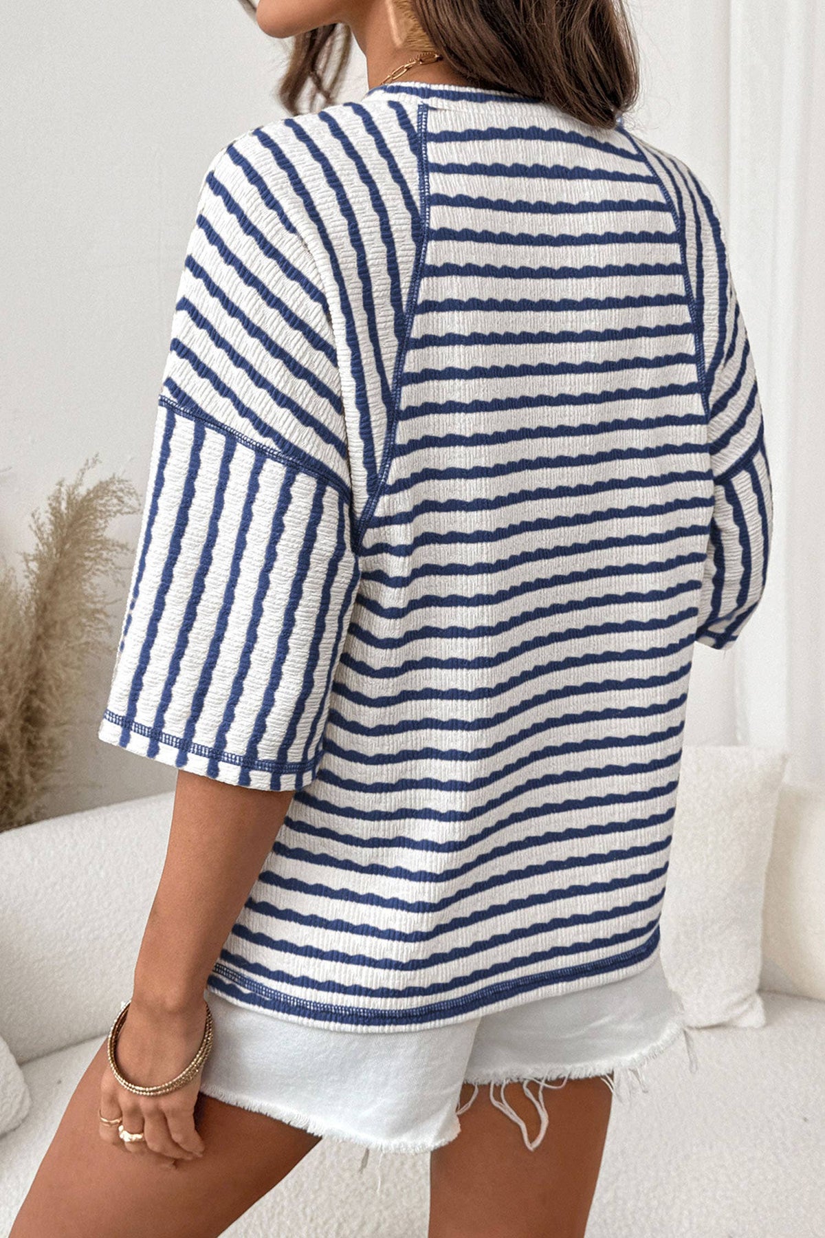 Texture Stripe Knit Half Sleeve Top | S-XL Plus