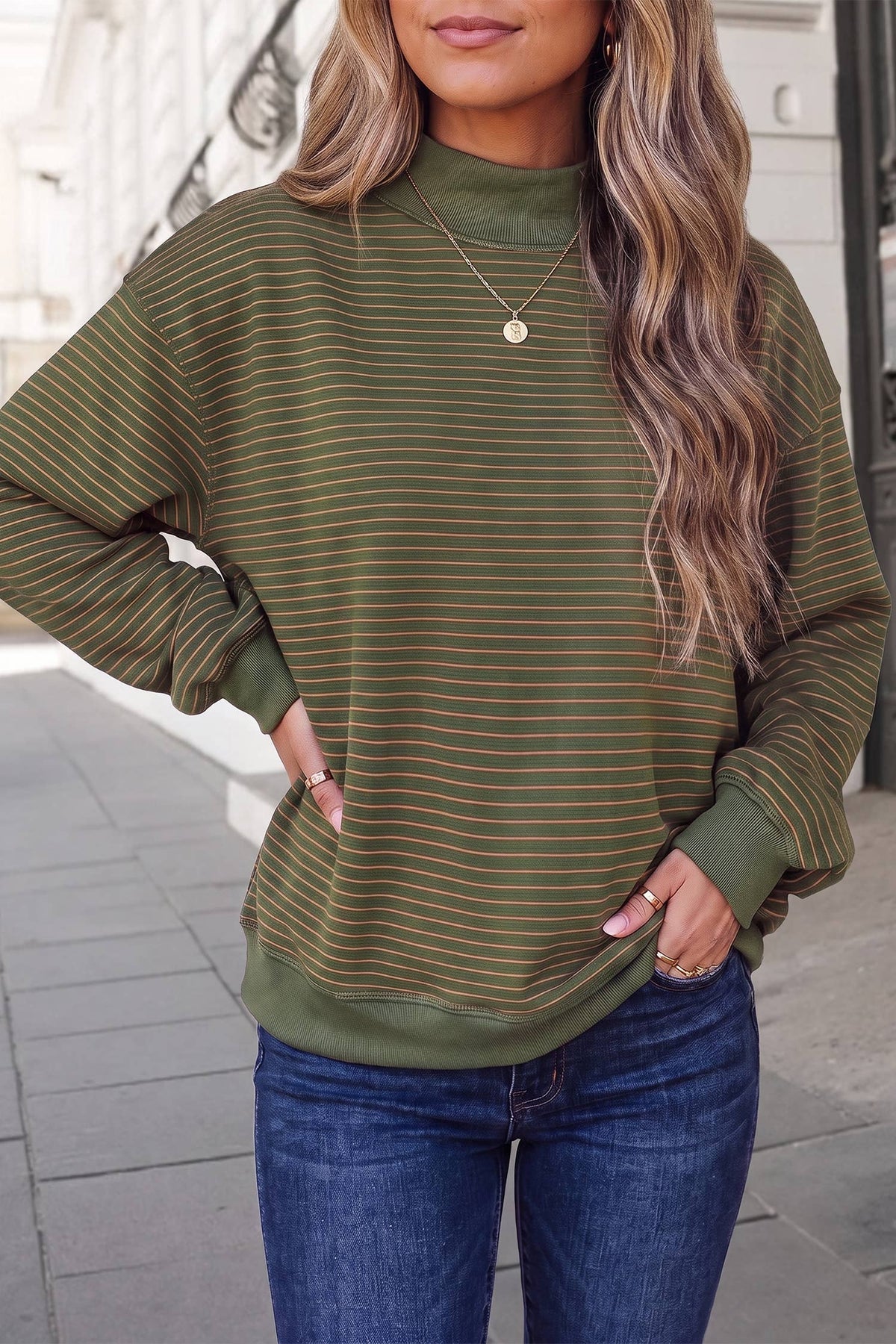 Striped Mock Neck Oversized Sweatshirt | S-XL : Green Stripe / L