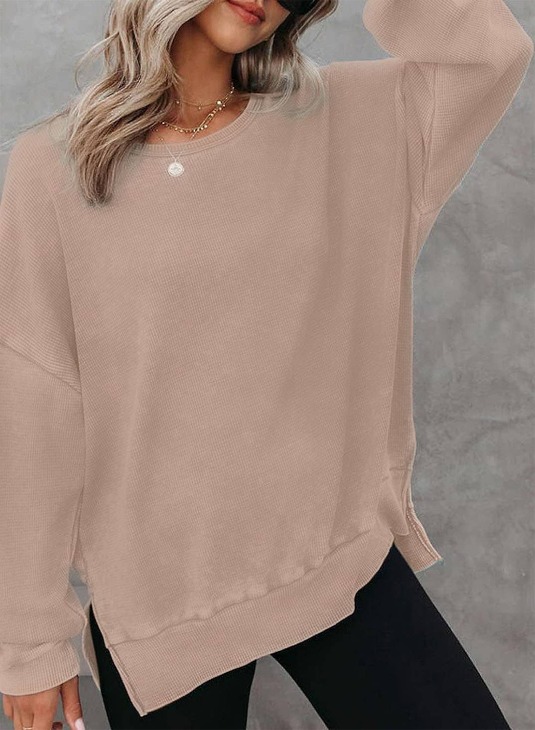 Solid Waffle Knit Pullover Oversized Crew Neck Top: Grey / 35%Cotton+65%Polyester / S