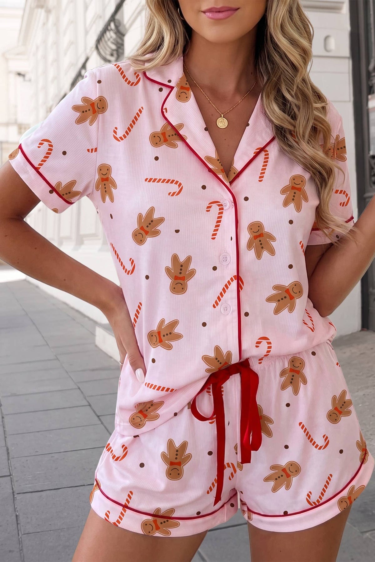 Christmas Placket Shell Button Lounge Shorts Set