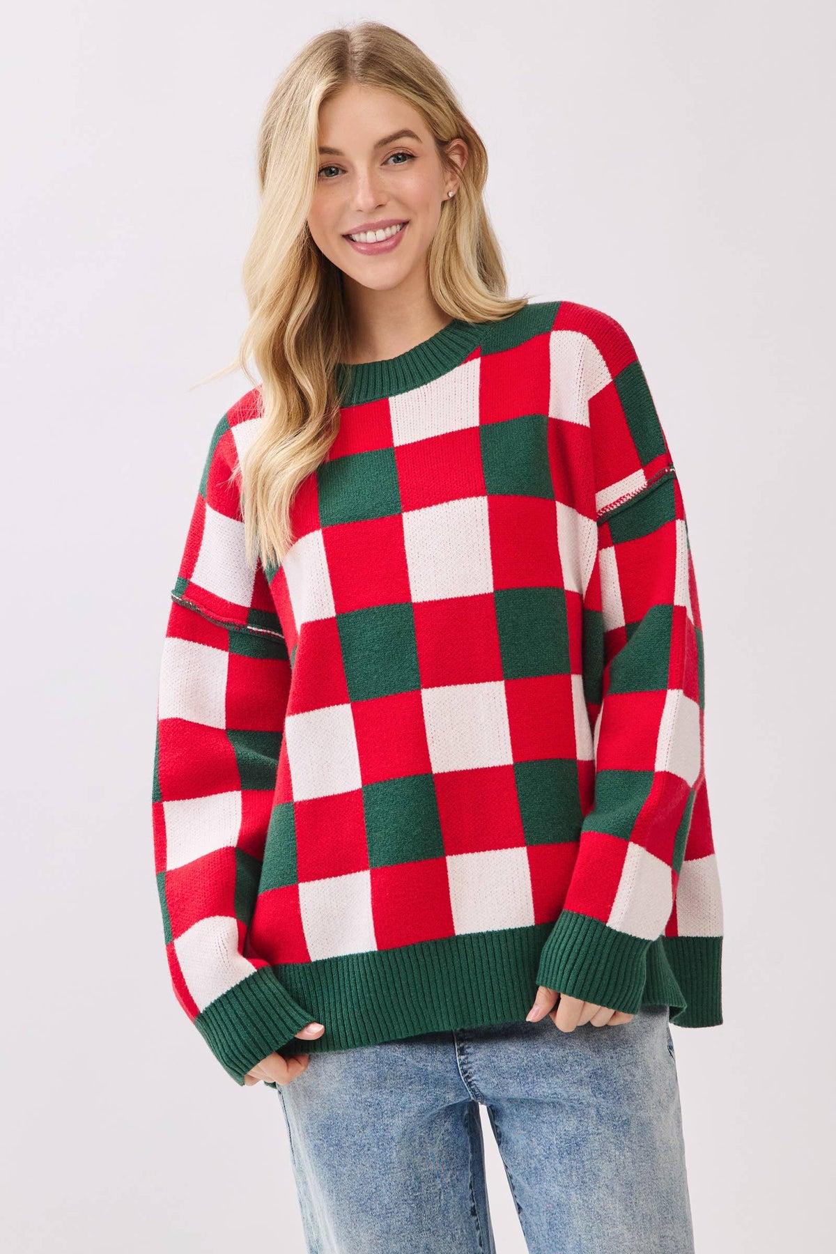 Oversized Buffalo Check Christmas Sweater: RED COMBO