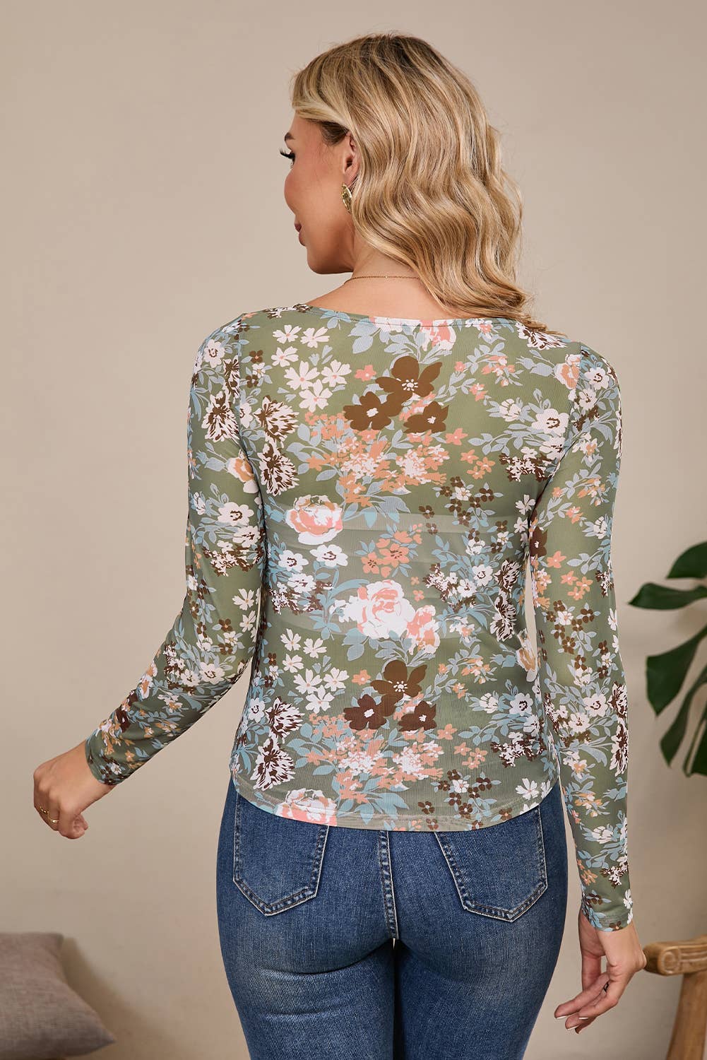 Chic Floral Print Mesh Long Sleeve Top