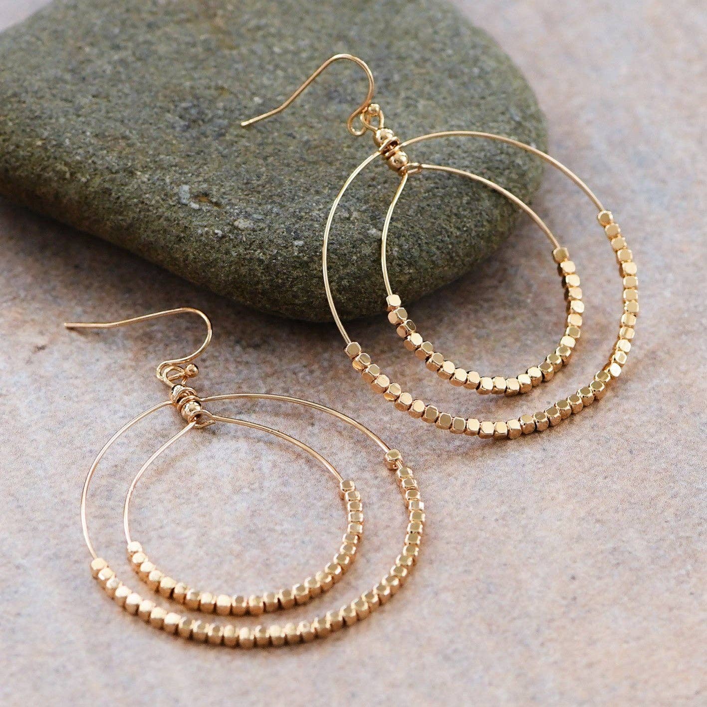 Gold Beaded Double Circle Drop Earrings - 5861: S0OX3T5861 Gold