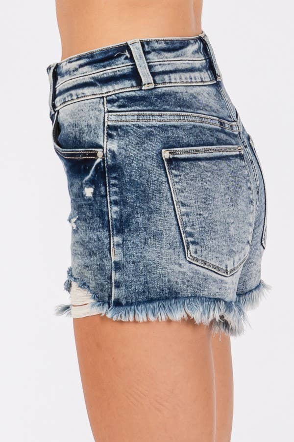 P1350R-LA HIGH RISE STRETCH DESTROY SHORTS W/ FRAYED HEM