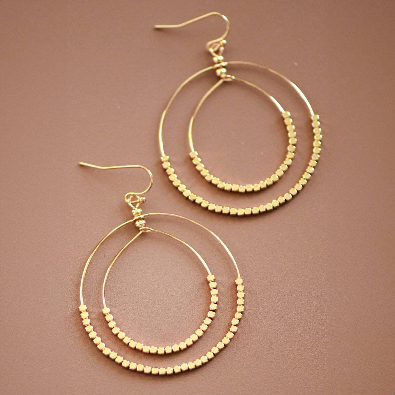 Gold Beaded Double Circle Drop Earrings - 5861: S0OX3T5861 Gold