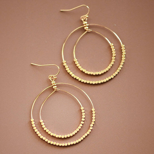 Gold Beaded Double Circle Drop Earrings - 5861: S0OX3T5861 Gold