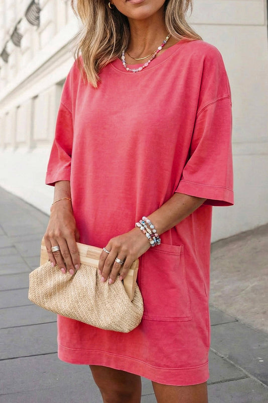 Solid Drop Shoulder Loose T Shirt Mini Dress coral