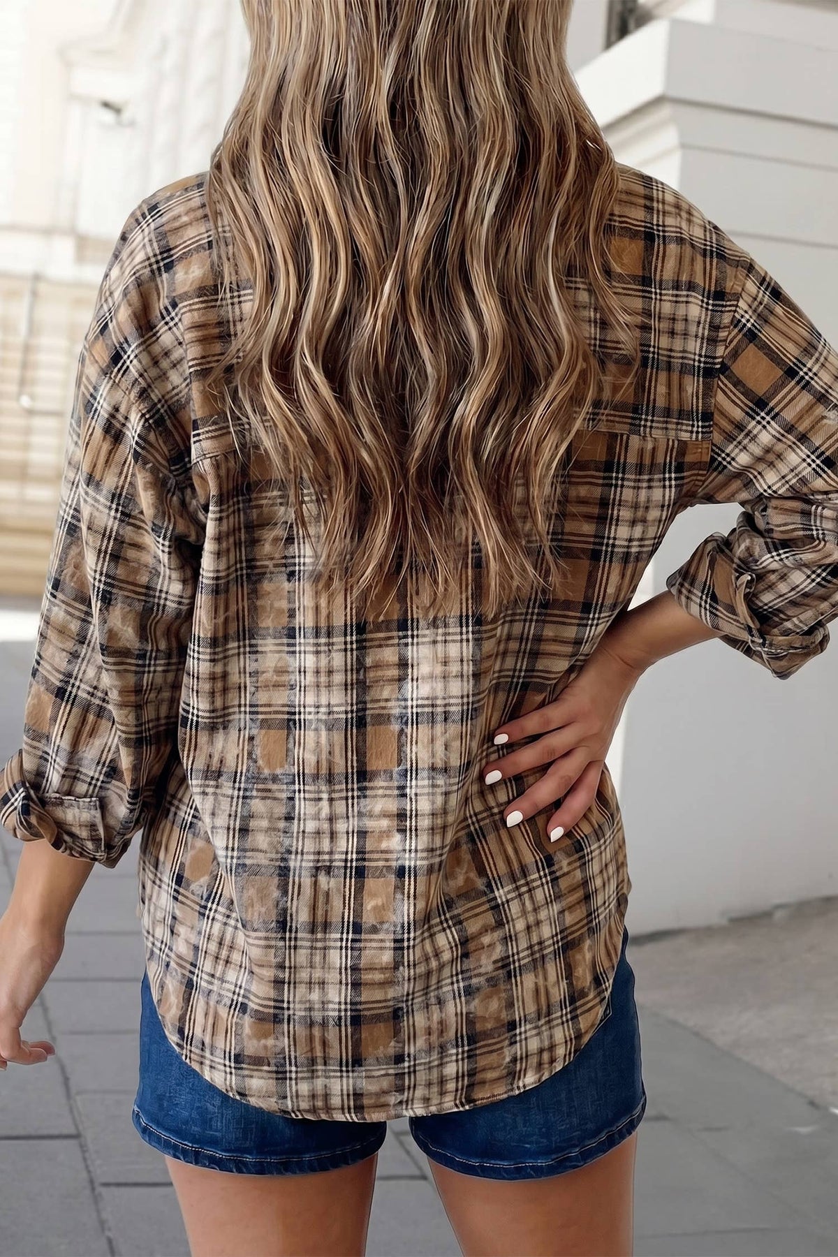 Western Plaid Collared Long Sleeve Shirts Brown