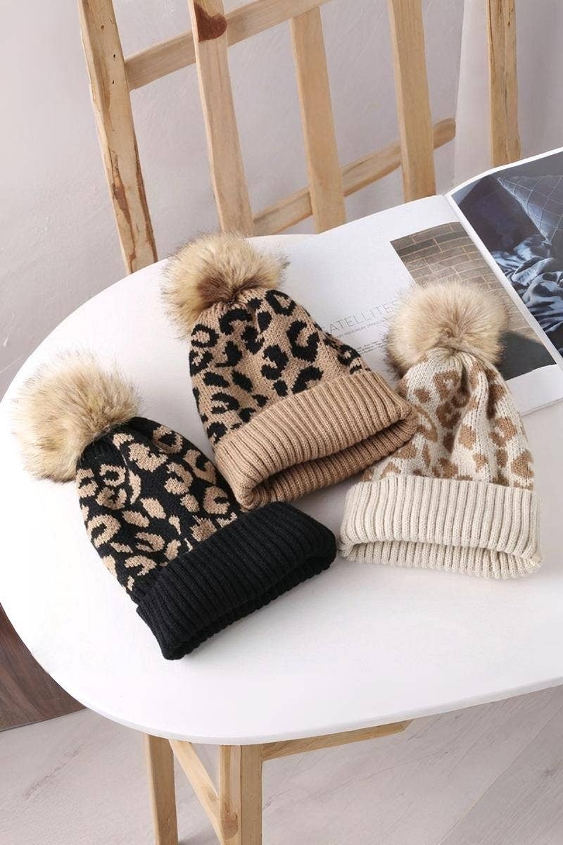 Leopard Pattern Knit Pom Pom Beanie: 1(ONE SIZE)