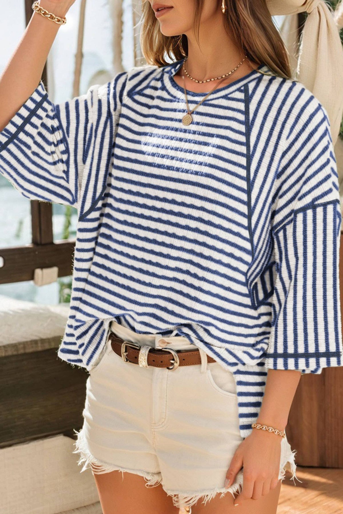 Texture Stripe Knit Half Sleeve Top | S-XL Plus