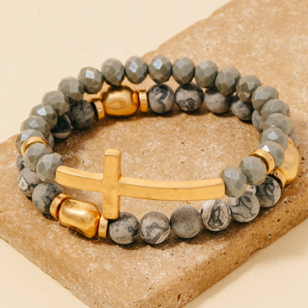 Cross Charm Stone Beaded Bracelet Set: LPEWG