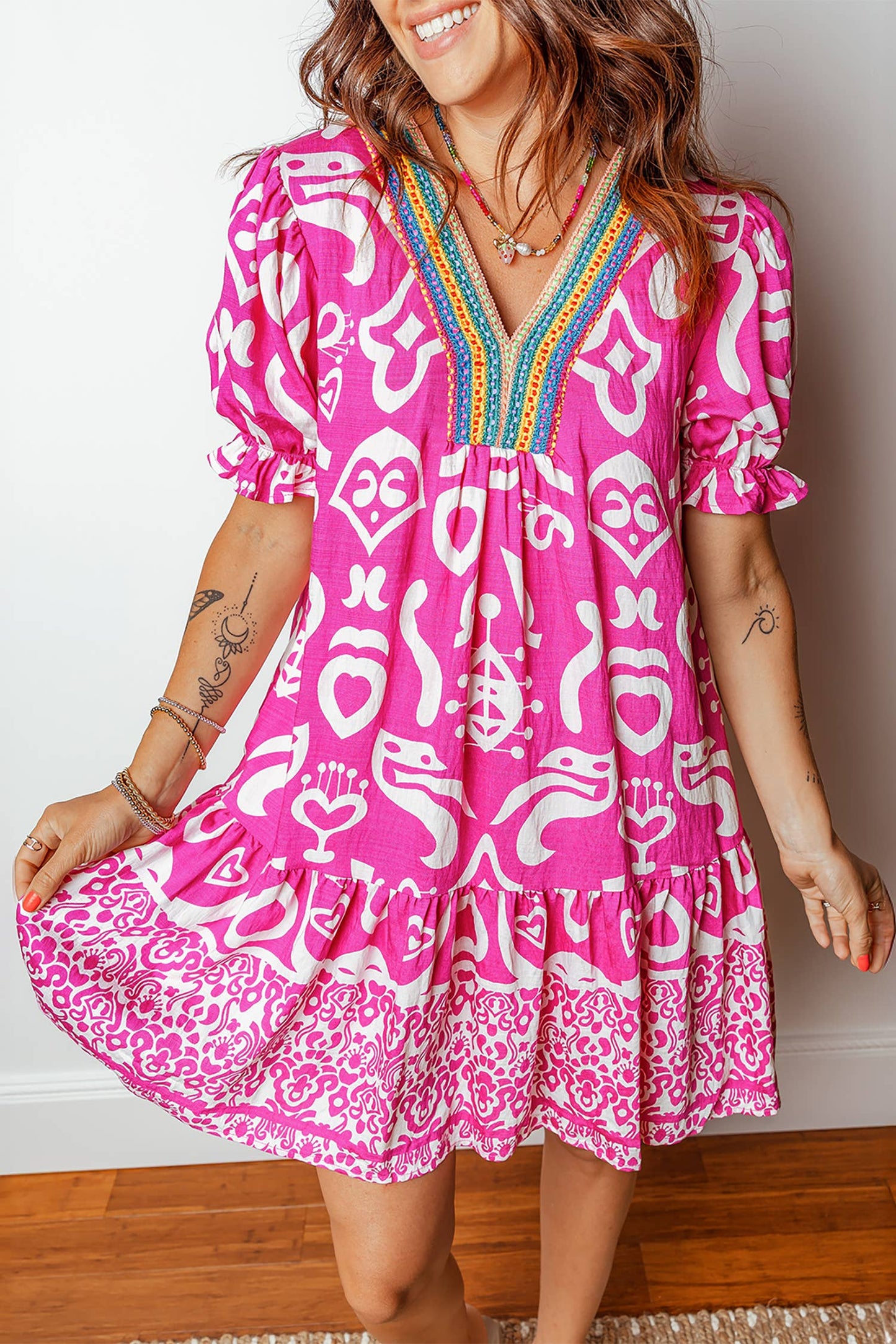 Boho Mixed Print Contrast Trim V Neck Mini Dress