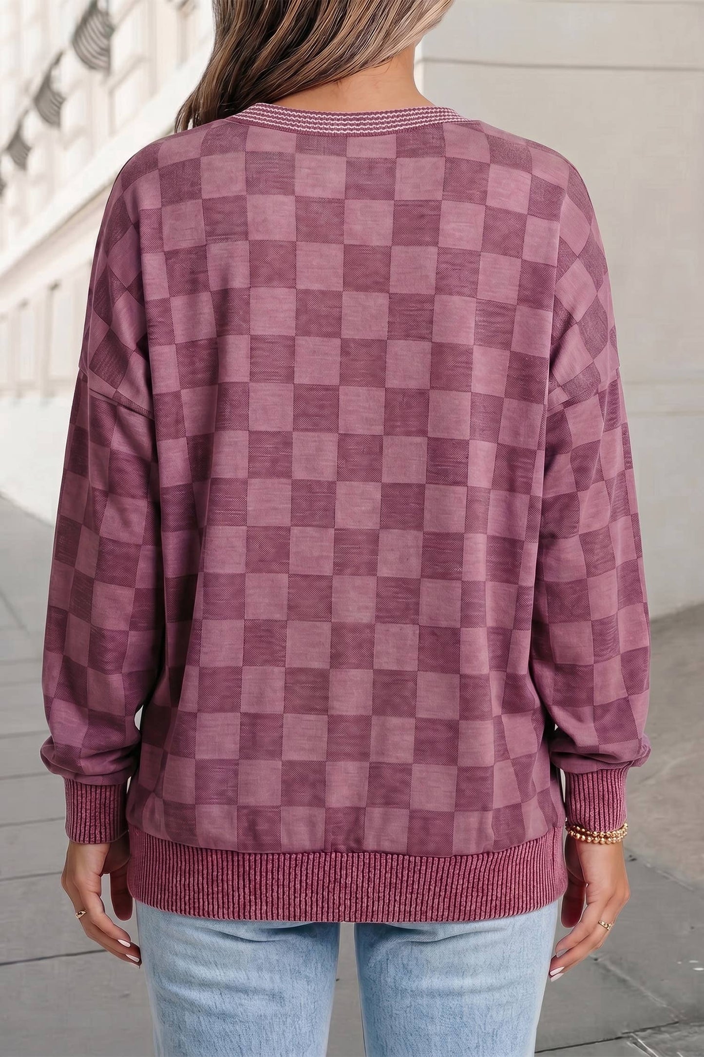 Checkered Print Ribbed Detail Long Sleeve Shift Top | S-XL: Red / M