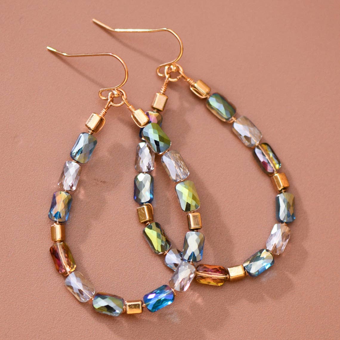 Teardrop Wire Beaded Glass Crystal Earrings - 8179: S0OX3T8179 Green Mix