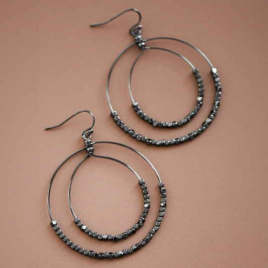 Gun Black Beaded Double Circle Drop Earrings - 4155: S0OX3T4155 Black