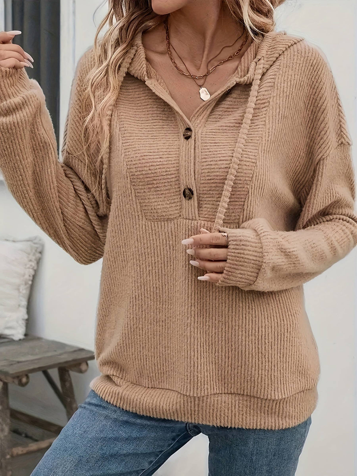 Pit Strip Shoulder Drop Long Sleeve Hoodie Top: Brown