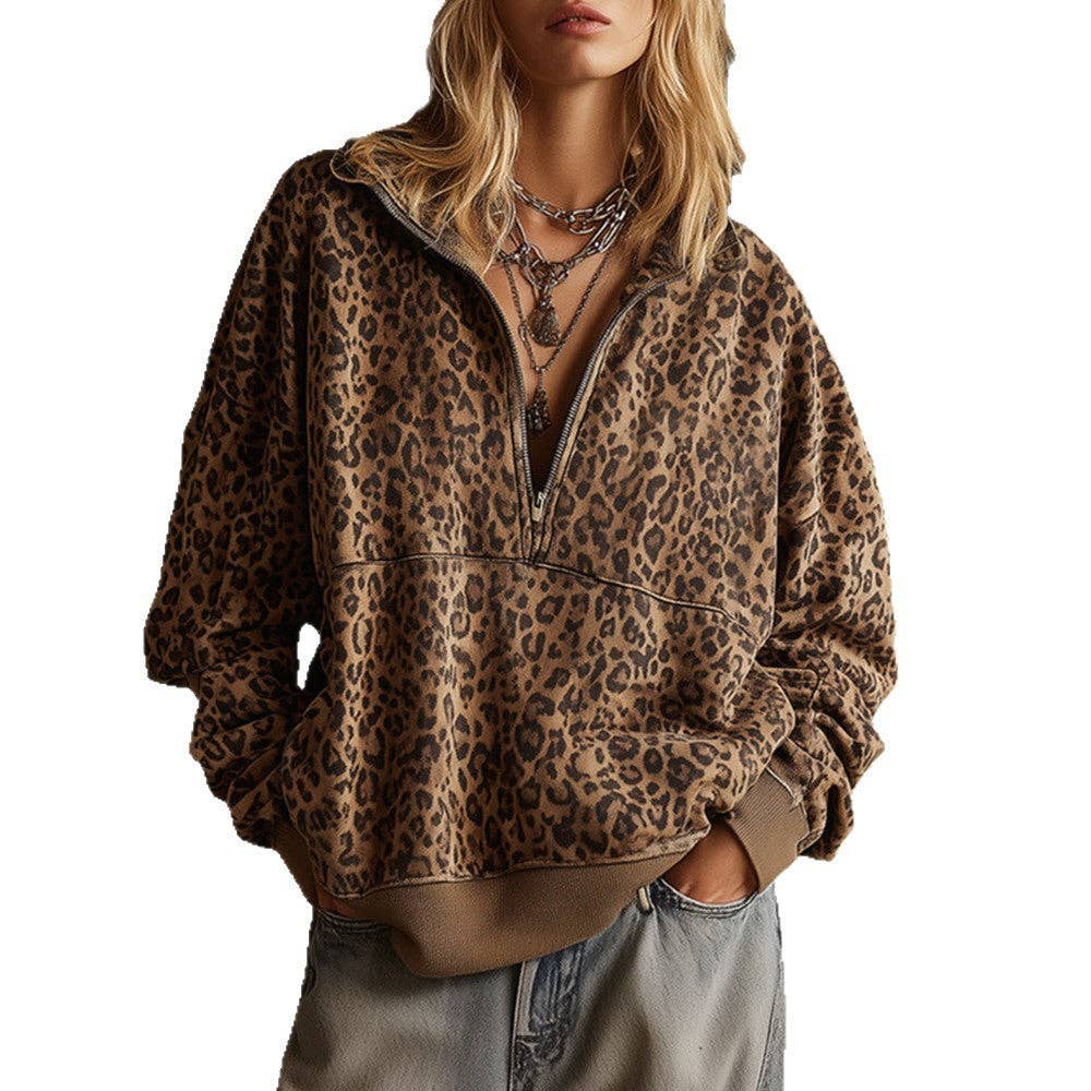 Leopard Print Half Zip Oversized Pullover Sweatshirt: Coffee / 95%Polyester 5%Elastane