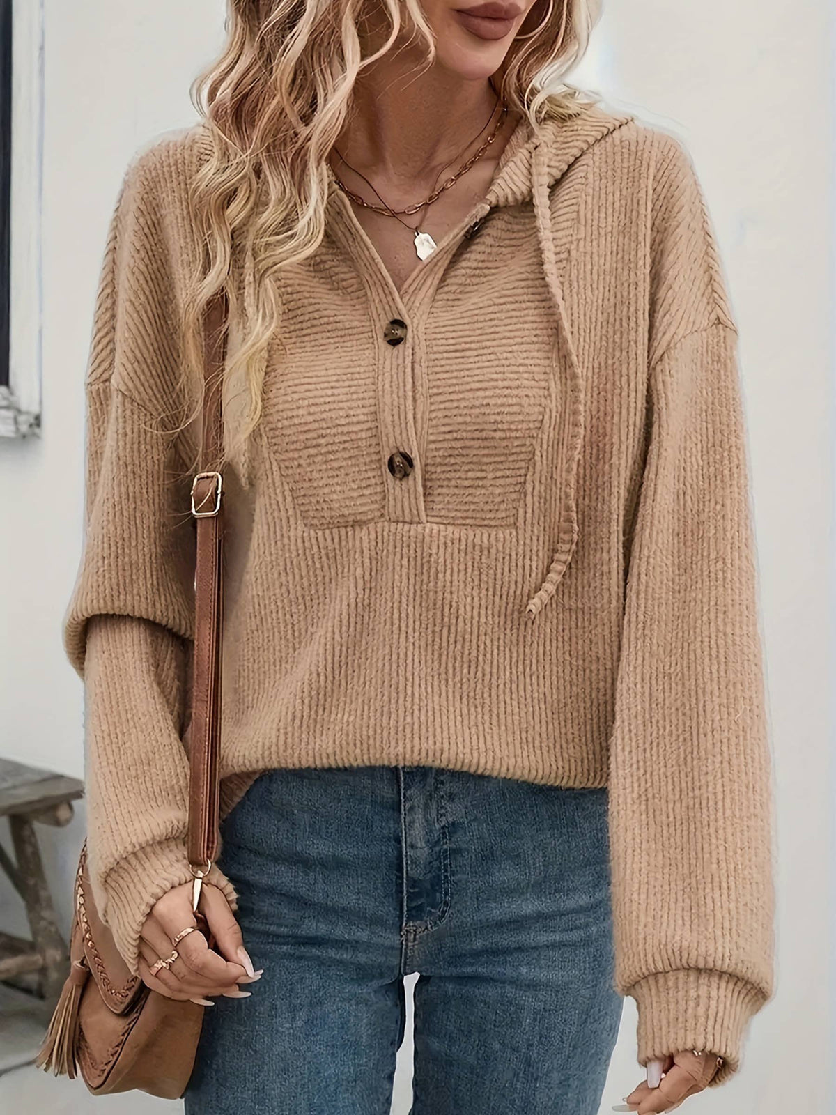 Pit Strip Shoulder Drop Long Sleeve Hoodie Top: Brown