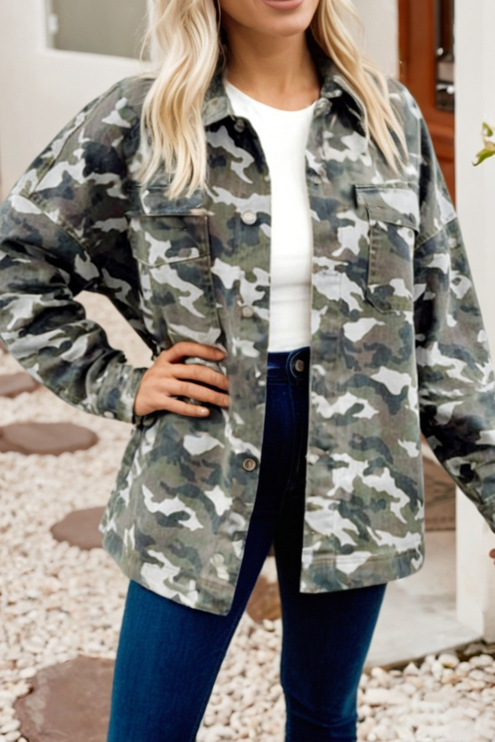 Camo Chest Pockets Loose Jean Jacket: Green