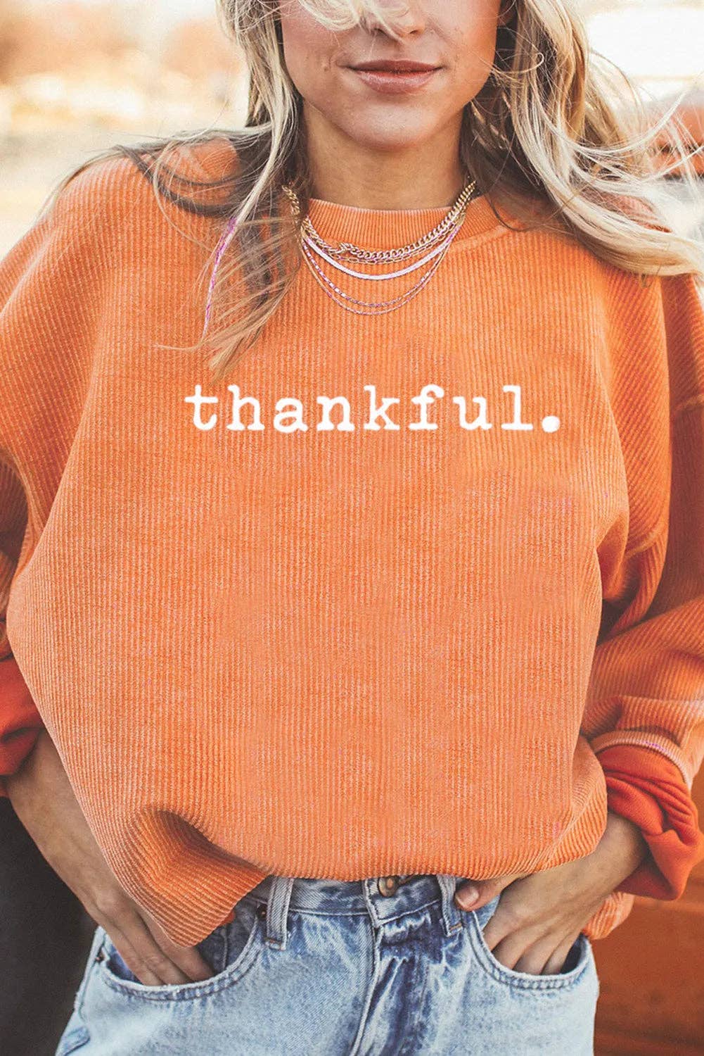 Orange Thankful Ribbed Crew Neck Thanksgiving Sweatshirt: Orange-3 / 100%Polyester