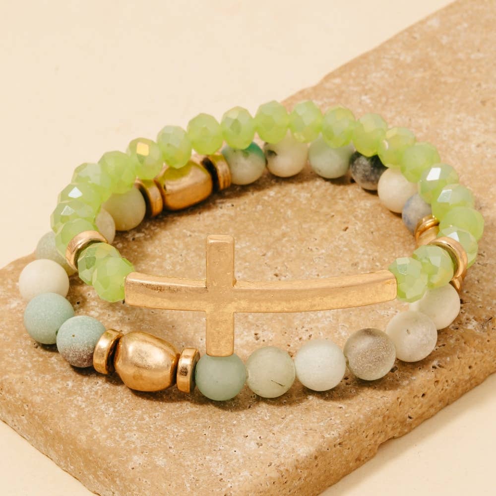 Cross Charm Stone Beaded Bracelet Set: LPEWG