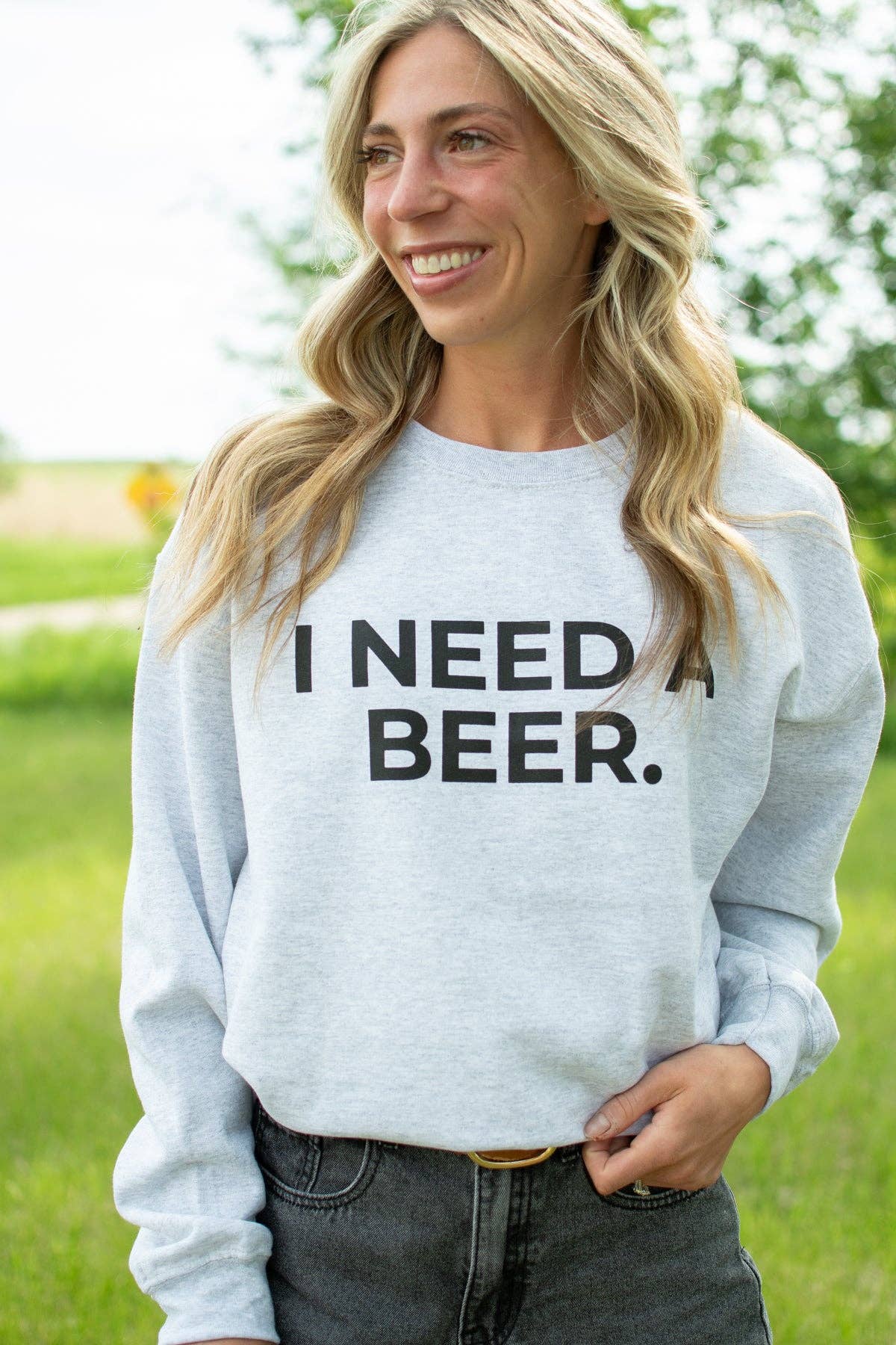 Western 'I Need A Beer.' Ash Graphic Crewneck