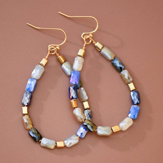 Teardrop Wire Beaded Glass Crystal Earrings - 8181: S0OX3T8181 Blue Mix