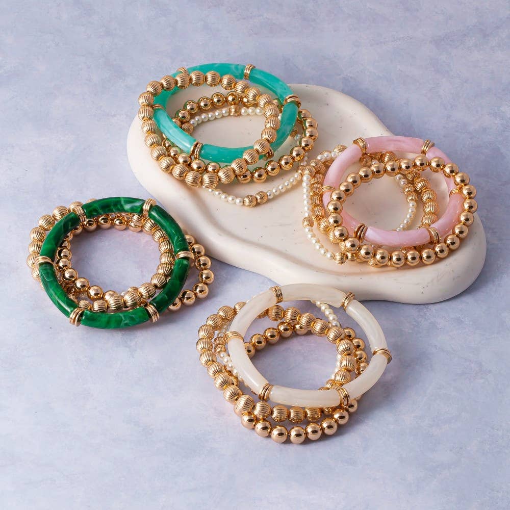 Resin Bar And Gold Bead Stretch Bracelet Set: WHITEGD
