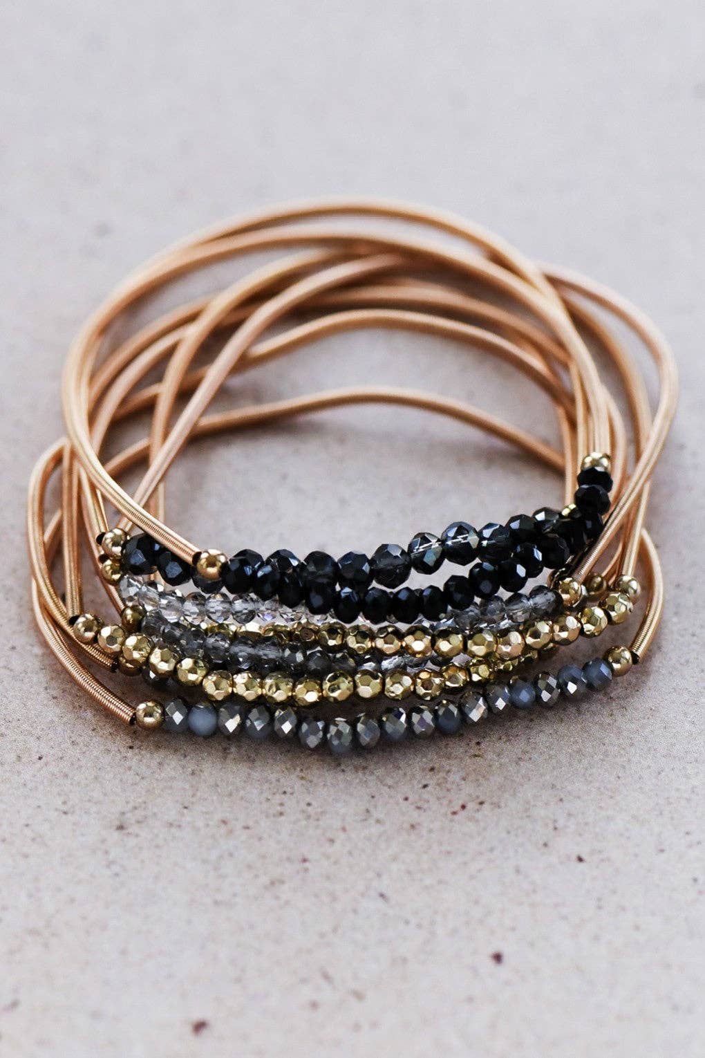 Boho Layered Spring Coil Guitar String Bracelet Set - 6962: S0OX3T6962 Black Set