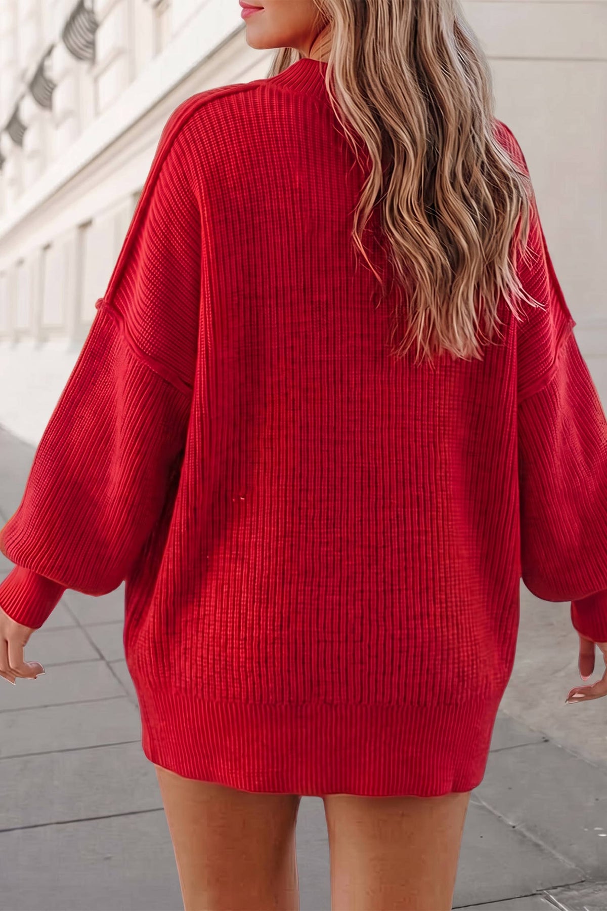 Christmas Mock Neck Puff Sleeve Sweater | S-XL: Red Dahlia