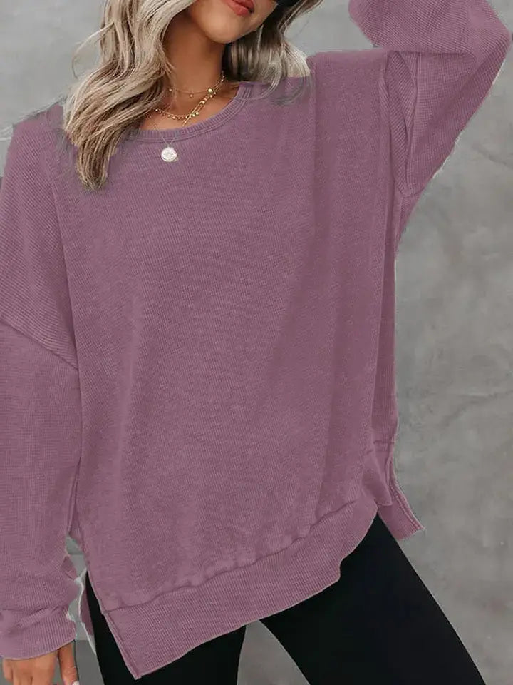 Solid Waffle Knit Pullover Oversized Crew Neck Top: Grey / 35%Cotton+65%Polyester / S