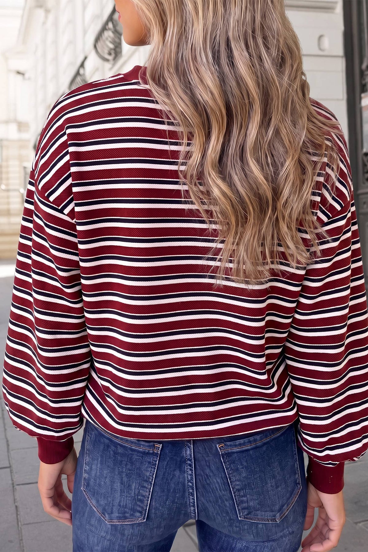 Striped Crew Neck Puff Sleeve Pullover Top | S-XL : Red Stripe