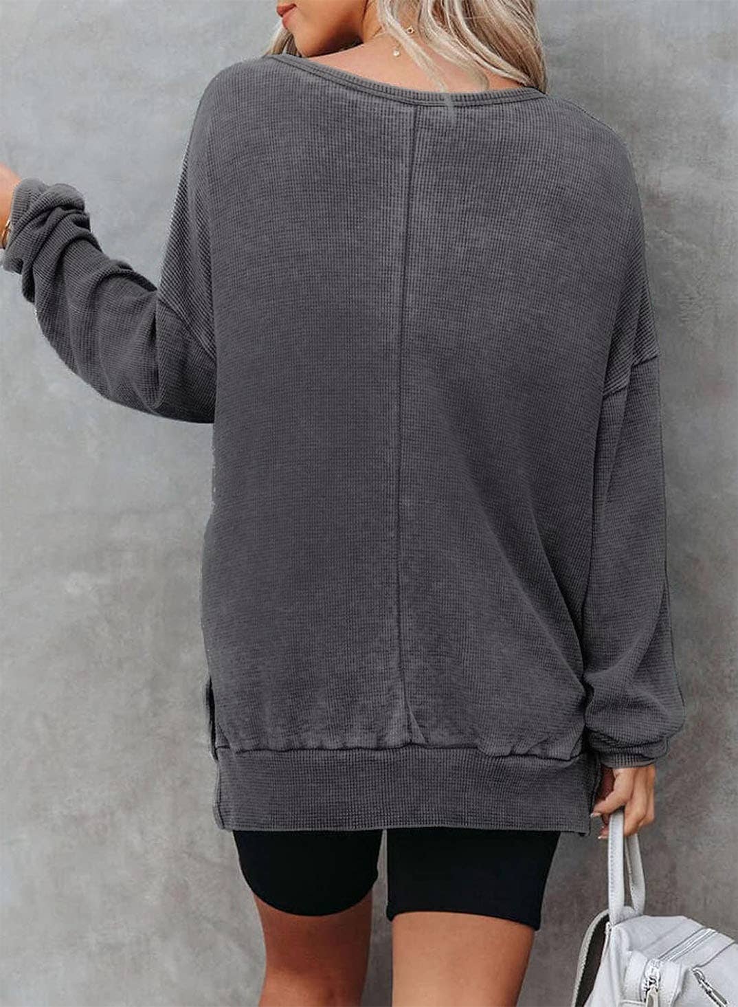 Solid Waffle Knit Pullover Oversized Crew Neck Top: Grey / 35%Cotton+65%Polyester / S