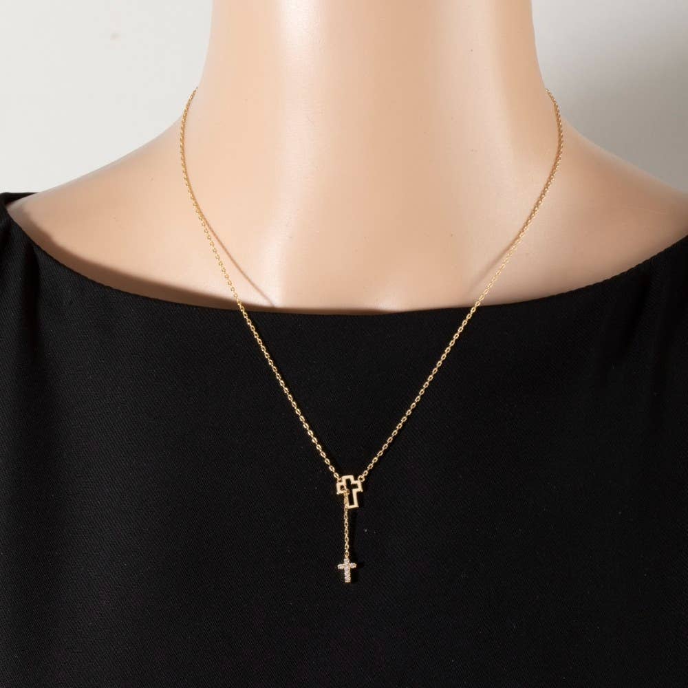 Sterling Silver Dipped Cz Double Cross Y Necklace: GD