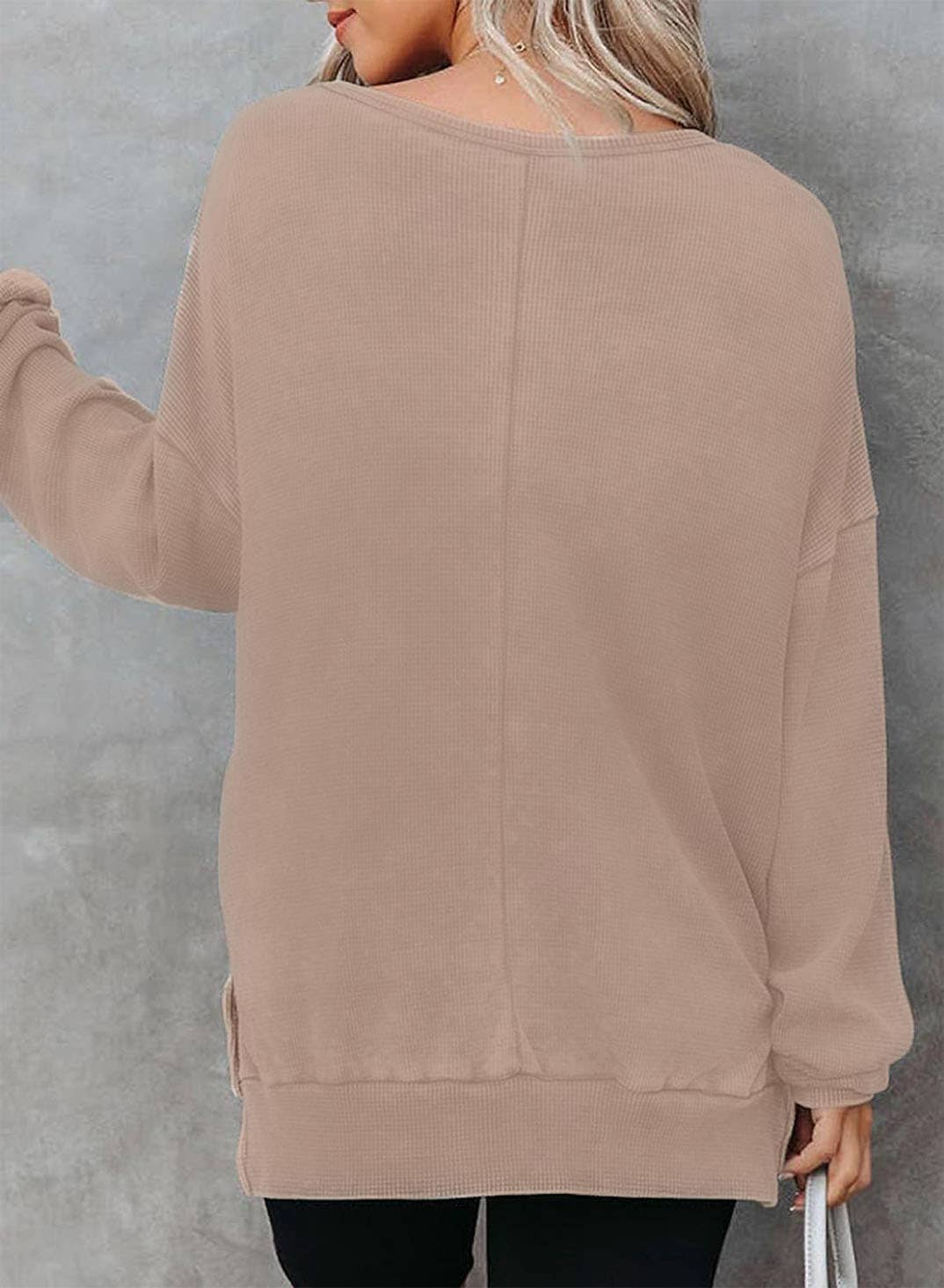 Solid Waffle Knit Pullover Oversized Crew Neck Top: Grey / 35%Cotton+65%Polyester / S