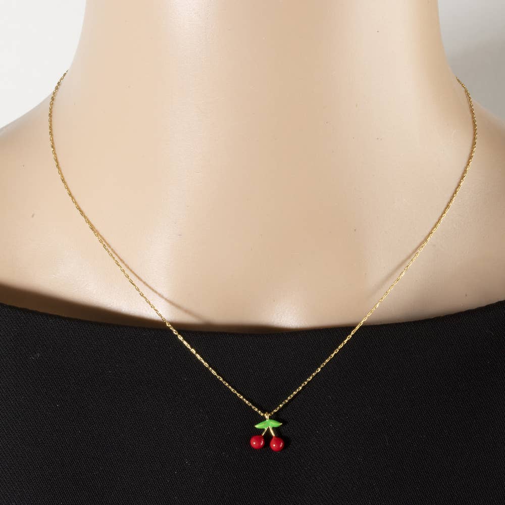 Enamel Cherry Pendant Necklace: GOLD