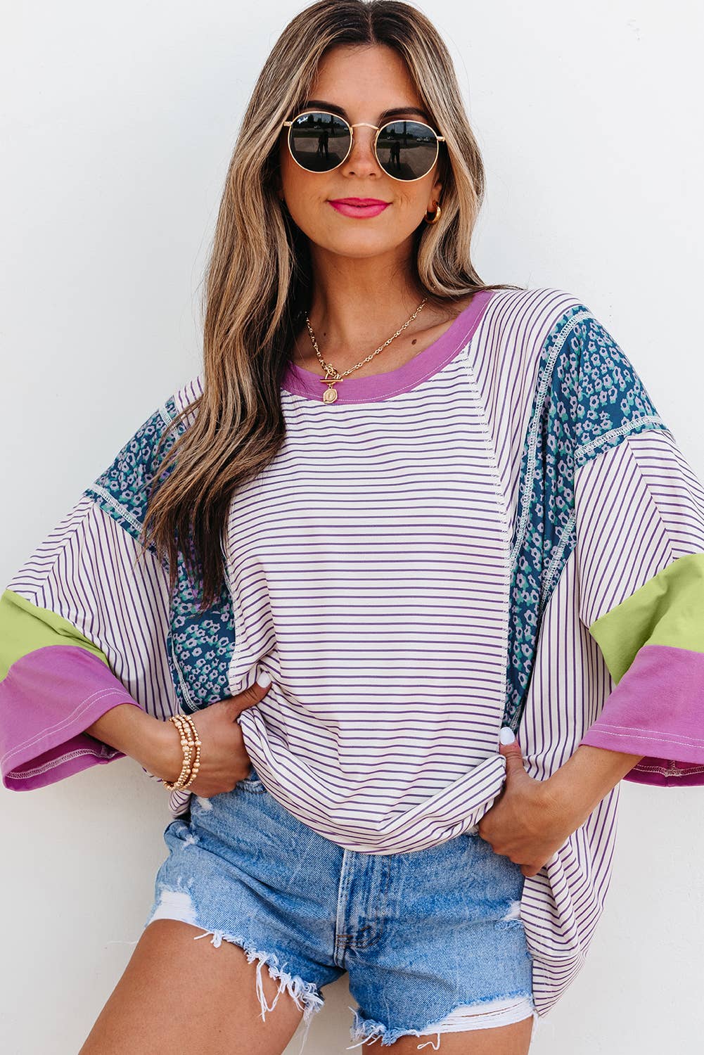 Stripe Floral Raw Edge Patchwork Bracelet Sleeve Top