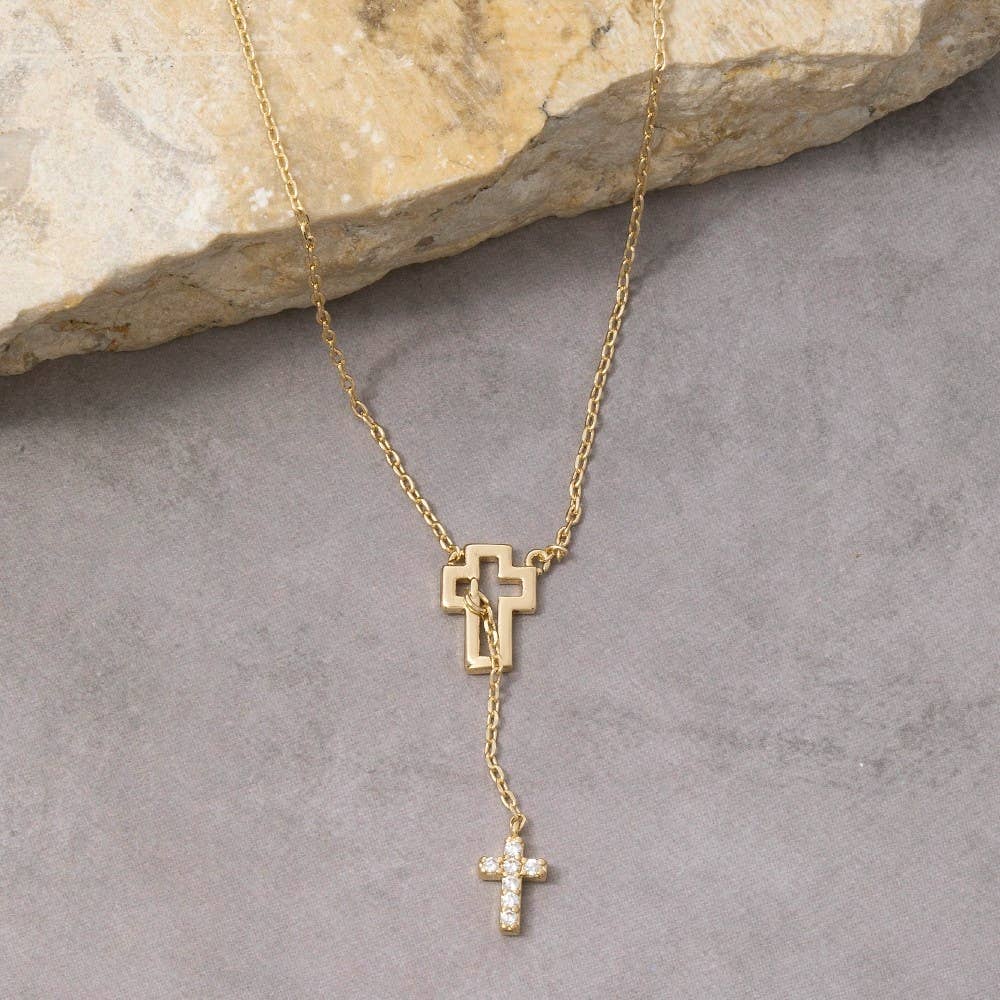 Sterling Silver Dipped Cz Double Cross Y Necklace: GD