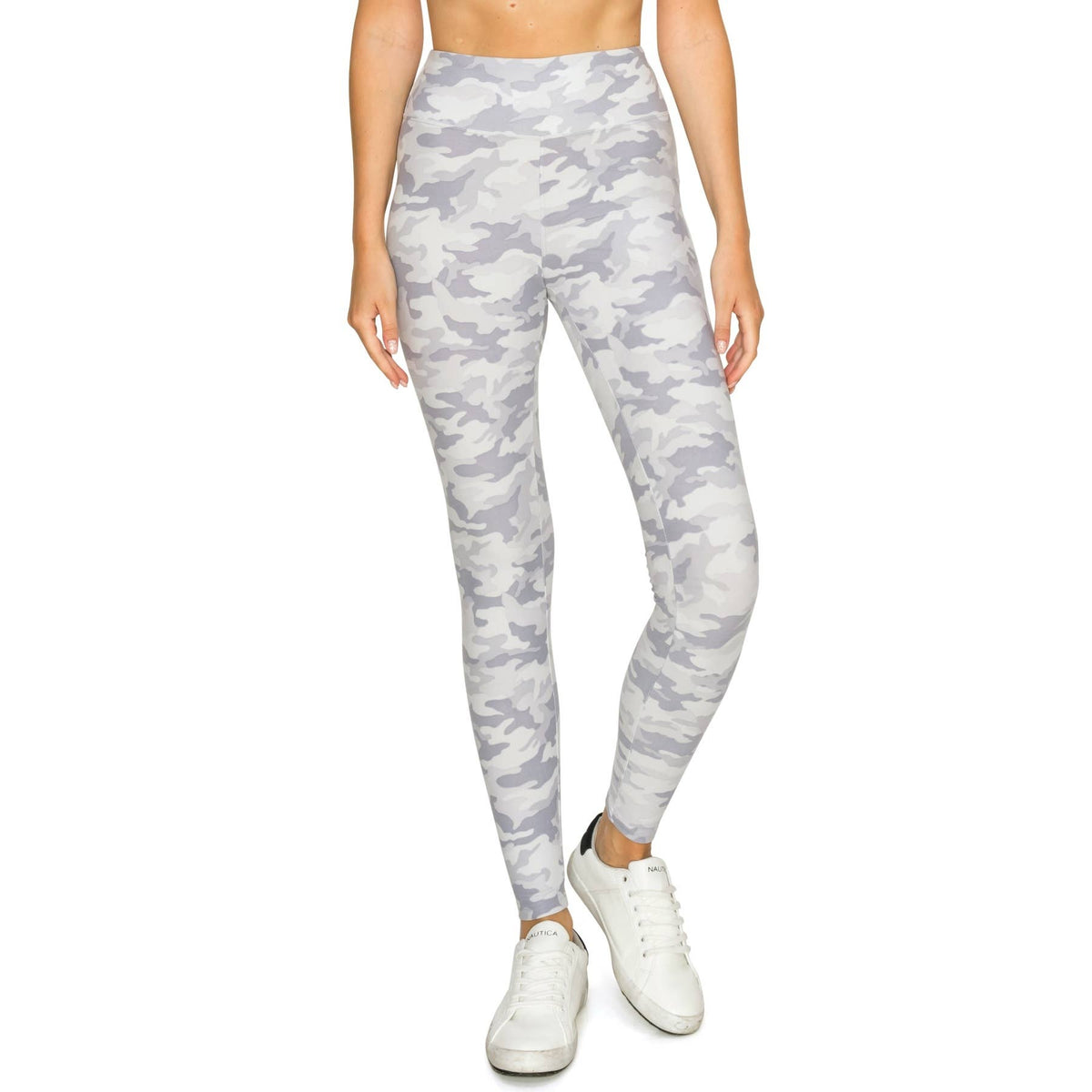3" Yoga Band Premium Print Activewear Leggings: WHITE/GRAY CAMO