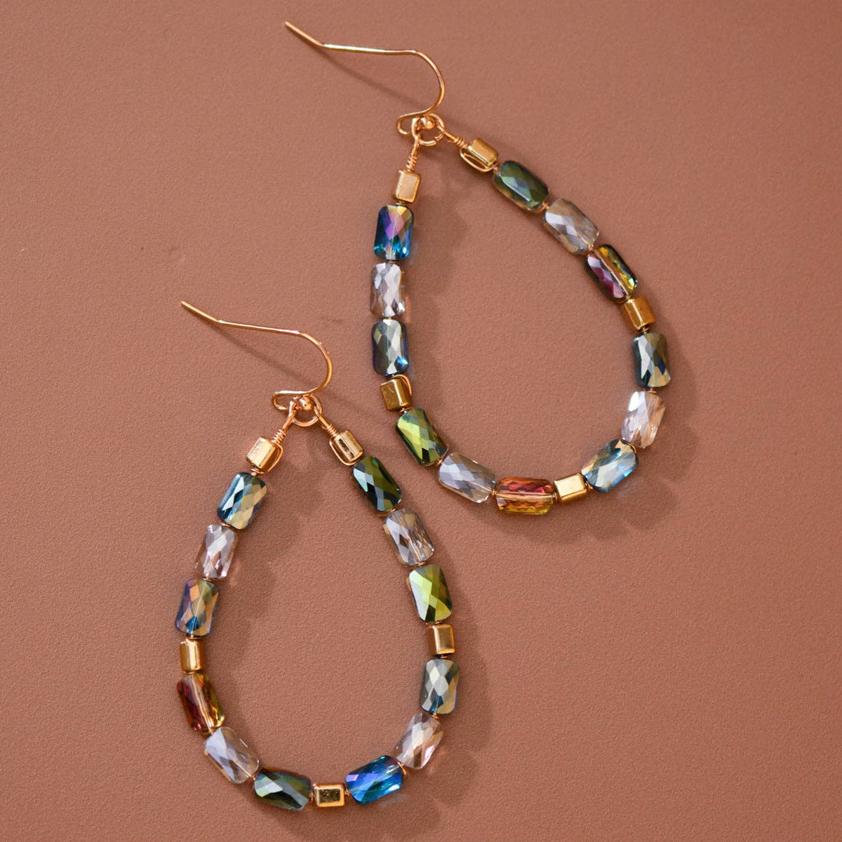 Teardrop Wire Beaded Glass Crystal Earrings - 8179: S0OX3T8179 Green Mix