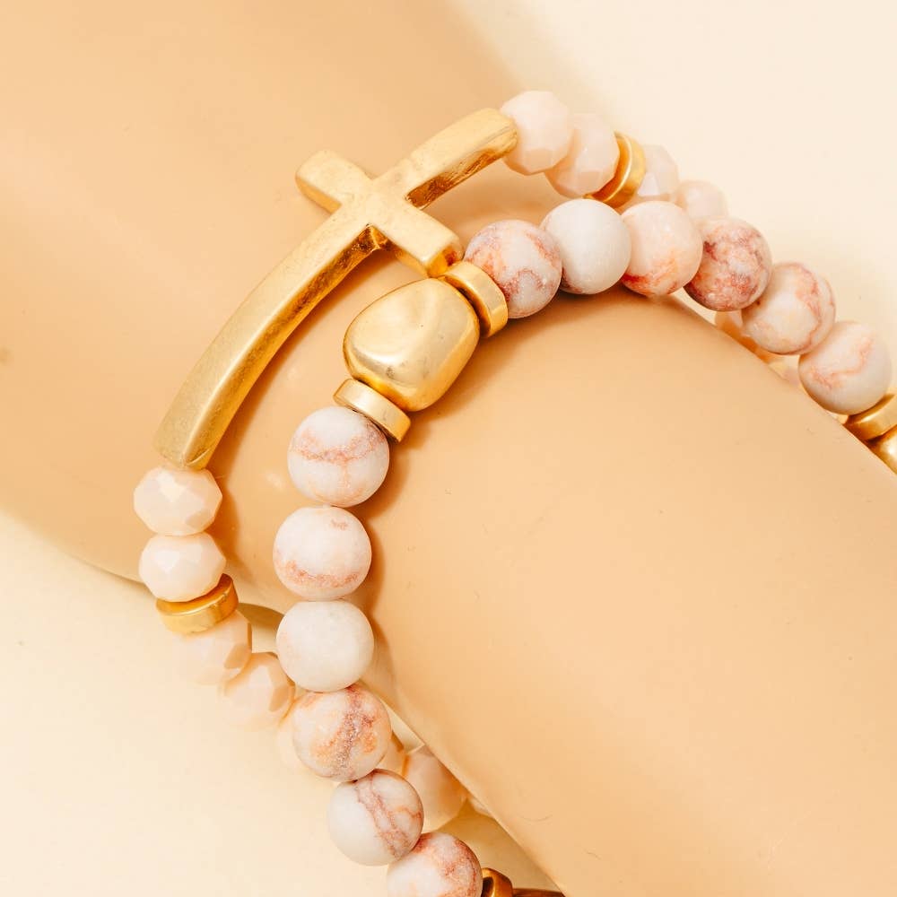 Cross Charm Stone Beaded Bracelet Set: LPEWG