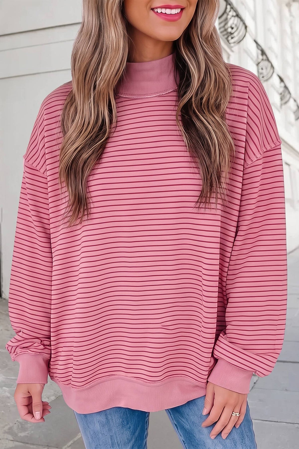 Striped Mock Neck Oversized Sweatshirt | S-XL : Green Stripe / L