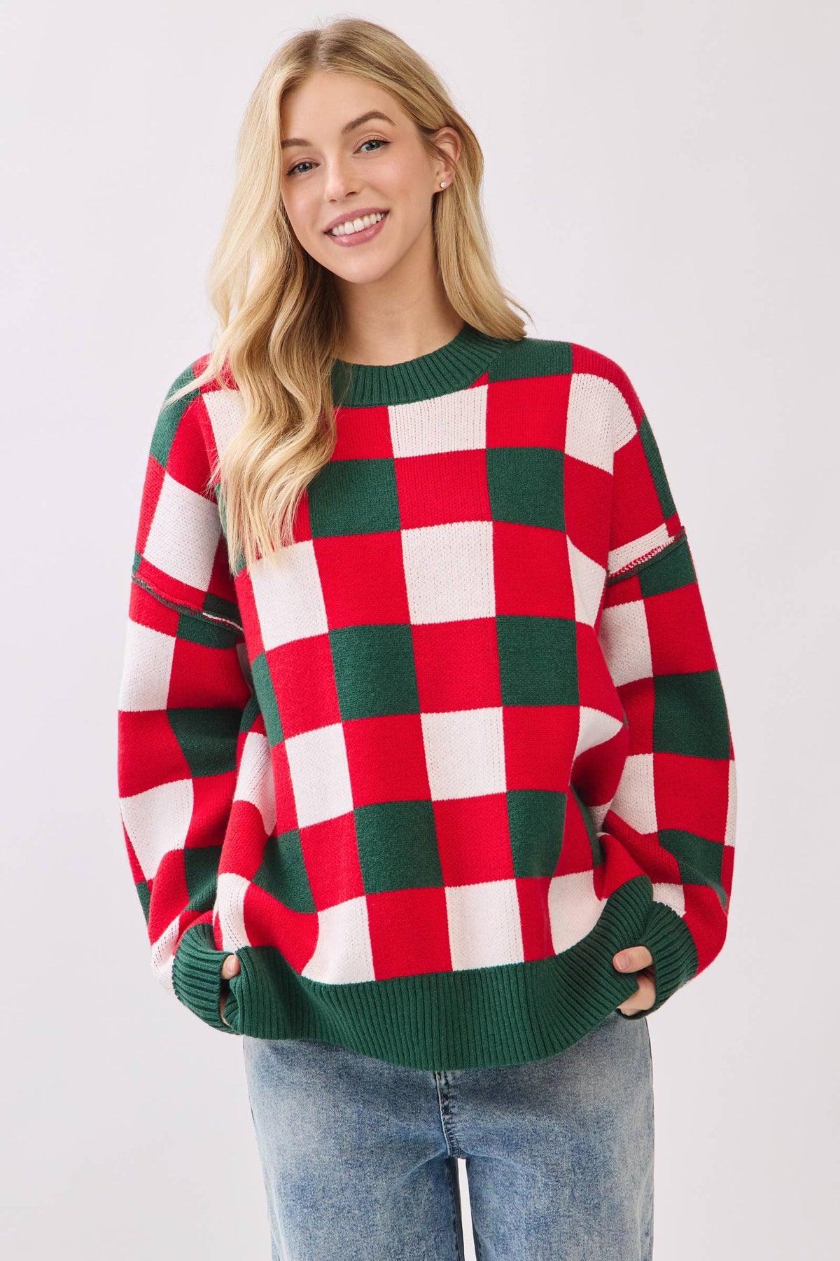 Oversized Buffalo Check Christmas Sweater: RED COMBO