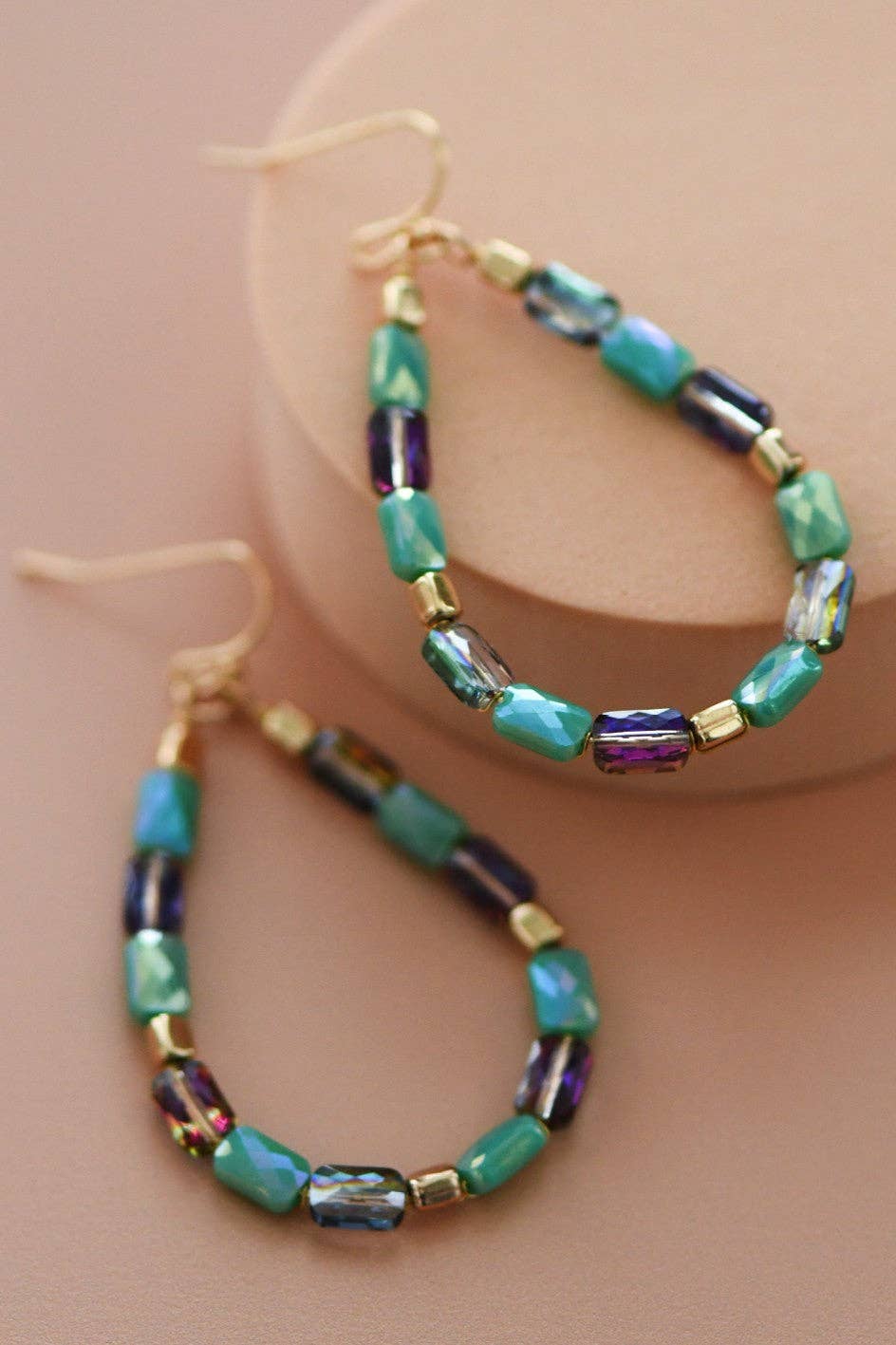 Teardrop Wire Beaded Glass Crystal Earrings - 7278: S0OX3T7278 Turquoise