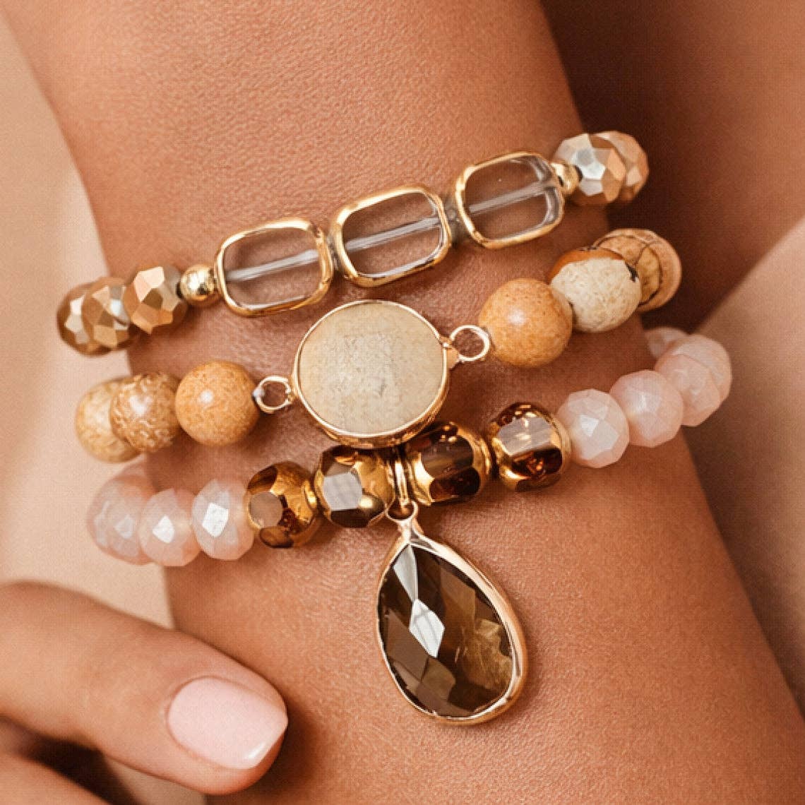 Boho Beaded Bracelet Set with Mixed Natural Stones – 8058: S0OX3T8058