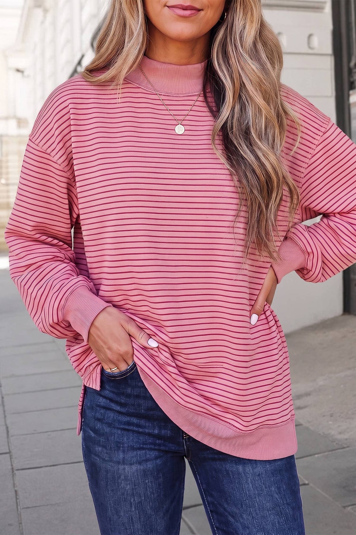 Striped Mock Neck Oversized Sweatshirt | S-XL : Green Stripe / M